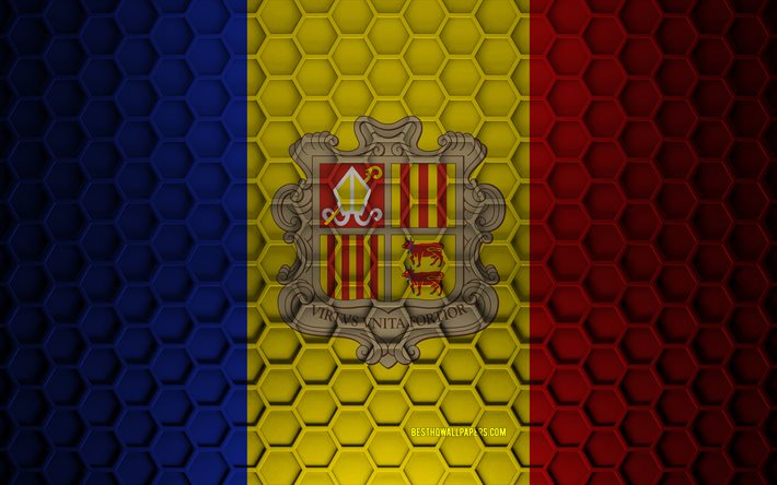 Andorra bayrağı, 3d altıgenler doku, Andorra, 3d doku, Andorra 3d bayrak, metal doku