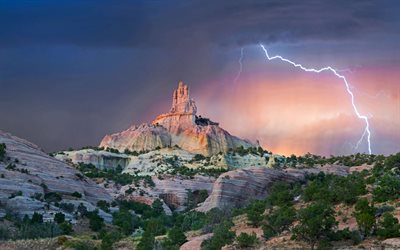 Church Rock, noite, molia, tempestade, Red Rock Park, rochas, paisagem montanhosa, Novo M&#233;xico, EUA