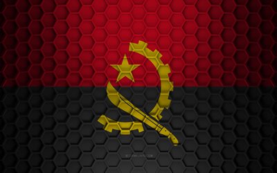 Angola flag, 3d hexagons texture, Angola, 3d texture, Angola 3d flag, metal texture, flag of Angola