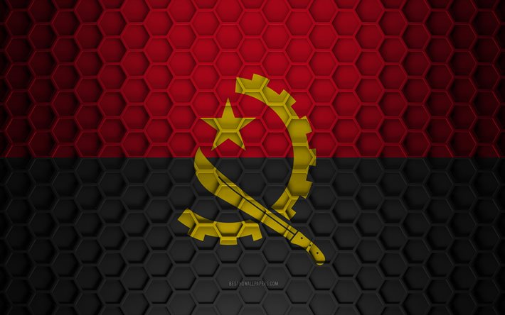 Bandeira de Angola, textura de hex&#225;gonos 3D, Angola, textura 3D, bandeira de Angola 3D, textura de metal, bandeira de Angola