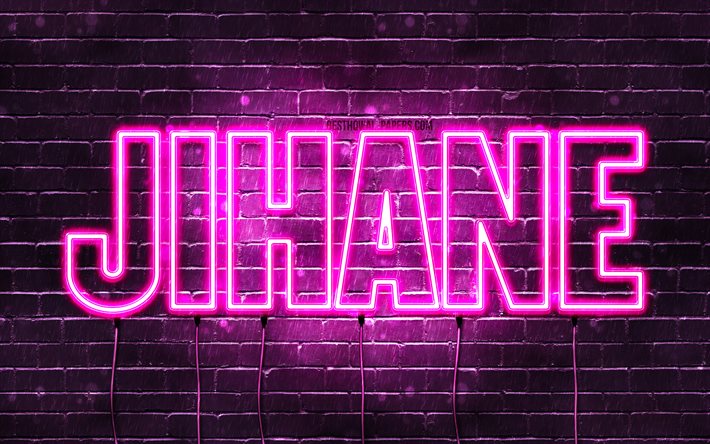 Jihane, 4k, bakgrundsbilder med namn, kvinnliga namn, Jihane namn, lila neonljus, Grattis p&#229; f&#246;delsedagen Jihane, popul&#228;ra arabiska kvinnliga namn, bild med Jihane namn