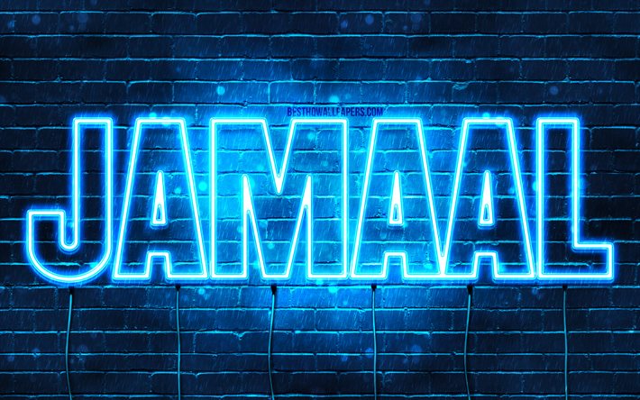Jamaal, 4k, pap&#233;is de parede com nomes, nome Jamaal, luzes de n&#233;on azuis, Feliz Anivers&#225;rio Jamaal, nomes masculinos &#225;rabes populares, foto com o nome Jamaal
