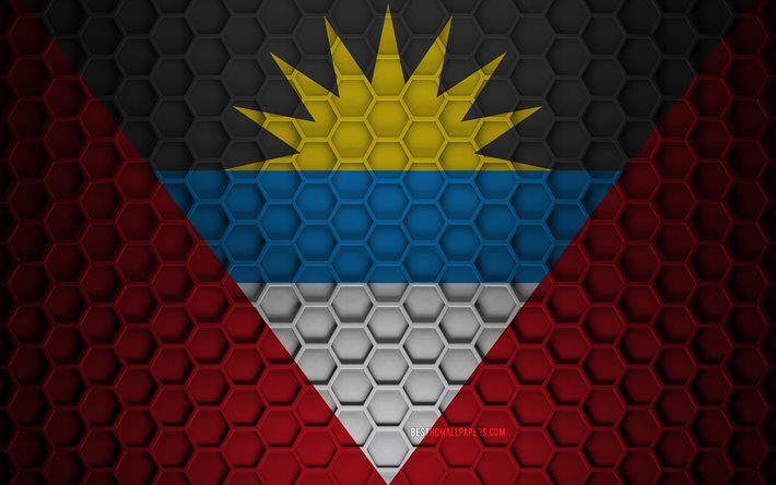 Bandera de Antigua y Barbuda, textura de hex&#225;gonos 3d, Antigua y Barbuda, textura 3d, Bandera de Antigua y Barbuda 3d, textura de metal, bandera de Antigua y Barbuda