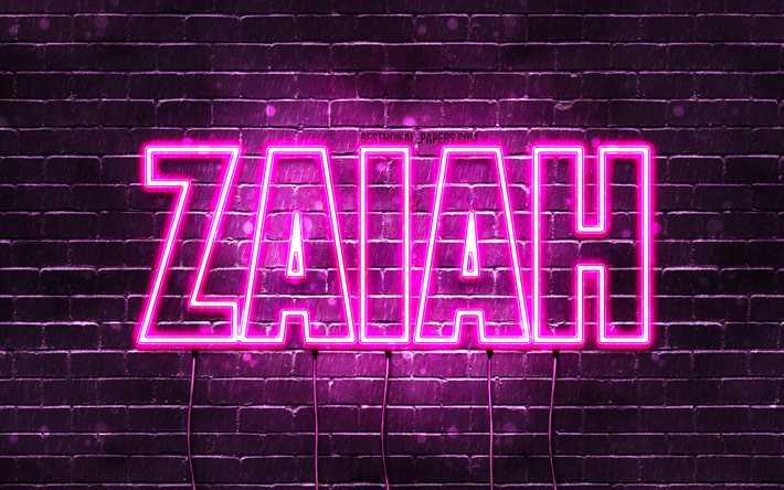 Zaiah, 4k, fonds d&#39;&#233;cran avec des noms, noms f&#233;minins, nom Zaiah, n&#233;ons violets, joyeux anniversaire Zaiah, noms f&#233;minins arabes populaires, photo avec nom Zaiah