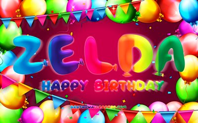 Happy Birthday Zelda, 4k, colorful balloon frame, Zelda name, purple background, Zelda Happy Birthday, Zelda Birthday, popular american female names, Birthday concept, Zelda
