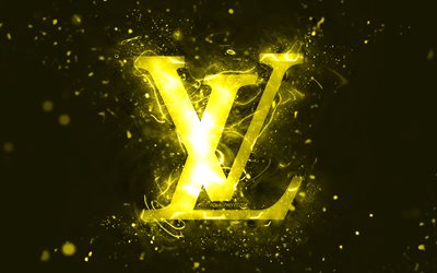 Louis Vuitton yellow logo, 4k, yellow neon lights, creative, yellow abstract background, Louis Vuitton logo, fashion brands, Louis Vuitton