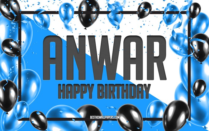 Buon compleanno Anwar, sfondo di palloncini di compleanno, Anwar, sfondi con nomi, buon compleanno di Anwar, sfondo di compleanno di palloncini blu, compleanno di Anwar