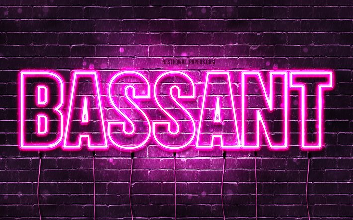 Bassant, 4k, pap&#233;is de parede com nomes, nomes femininos, nome Bassant, luzes de n&#233;on roxas, Happy Birthday Bassant, nomes femininos &#225;rabes populares, imagem com o nome Bassant