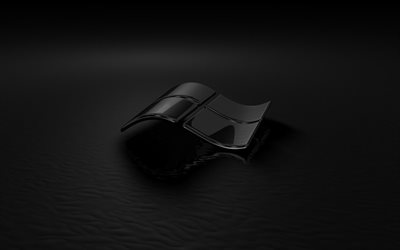 Logo di windows 3d nero, sfondo nero, sfondo nero onde 3d, logo di windows, emblema di windows, arte 3d, windows