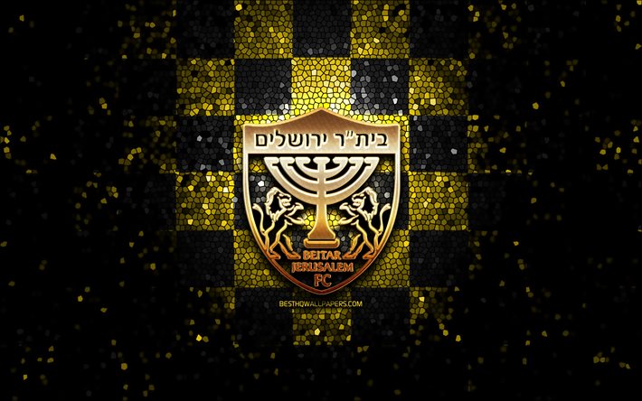 Beitar Jerusalem FC, glitterlogotyp, Ligat ha Al, gul svart rutig bakgrund, fotboll, israelisk fotbollsklubb, Beitar Jerusalem-logotyp, mosaikkonst, Beitar Jerusalem, Israel