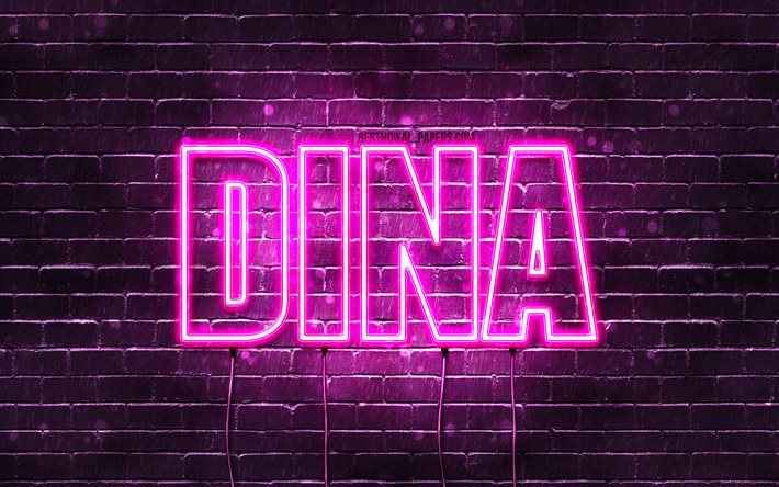 Dina, 4k, isimleri, bayan isimleri, Dina adı, mor neon ışıkları, Doğum g&#252;n&#252;n kutlu olsun Dina, pop&#252;ler arap&#231;a bayan isimleri, Dina adıyla resimli duvar kağıtları