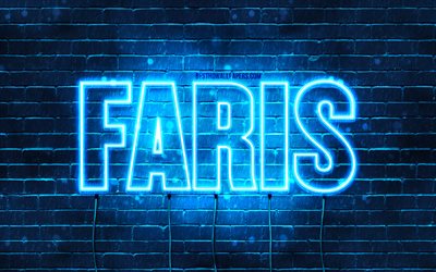 Faris, 4k, wallpapers with names, Faris name, blue neon lights, Happy Birthday Faris, popular arabic male names, picture with Faris name