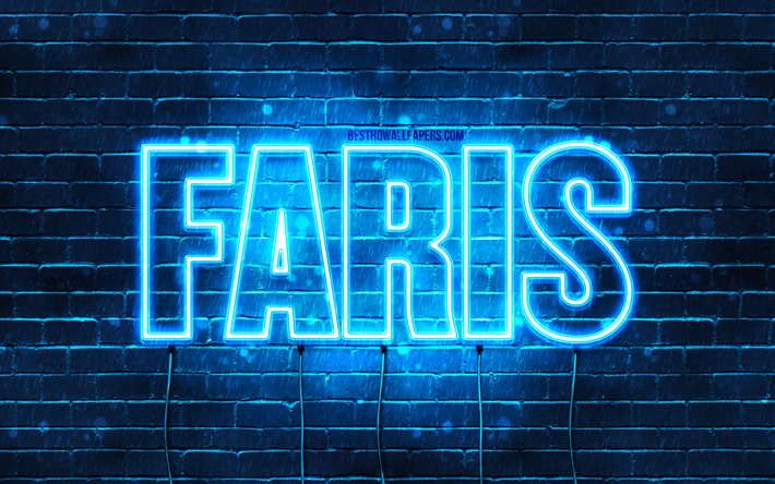 Faris, 4k, pap&#233;is de parede com nomes, nome Faris, luzes de n&#233;on azuis, Happy Birthday Faris, nomes masculinos &#225;rabes populares, foto com o nome Faris
