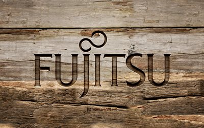 Fujitsu wooden logo, 4K, wooden backgrounds, brands, Fujitsu logo, creative, wood carving, Fujitsu