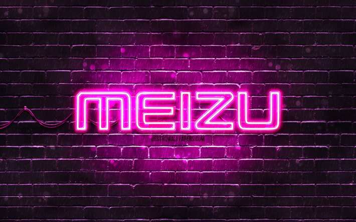 Meizu purple logo, 4k, purple brickwall, Meizu logo, brands, Meizu neon logo, Meizu
