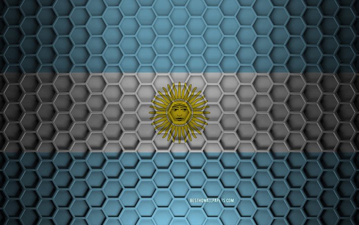 Bandera de Argentina, textura de hex&#225;gonos 3d, Argentina, textura 3d, Bandera de Argentina 3d, textura de metal, bandera de Argentina