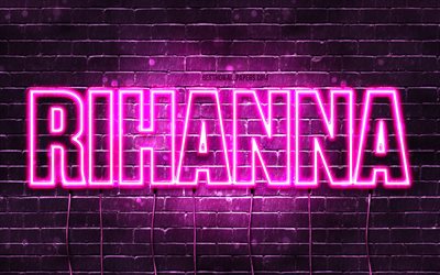 Rihanna, 4k, wallpapers with names, female names, Rihanna name, purple neon lights, Happy Birthday Rihanna, popular arabic female names, picture with Rihanna name