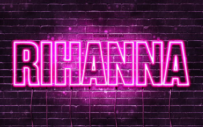 Rihanna, 4k, isimleri, kadın isimleri, Rihanna adı, mor neon ışıkları, Doğum g&#252;n&#252;n kutlu olsun Rihanna, pop&#252;ler arap&#231;a bayan isimleri, Rihanna adıyla resimli duvar kağıtları