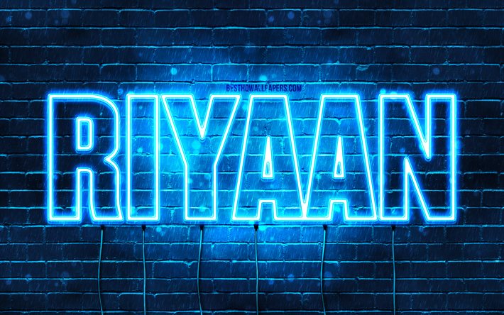 Riyaan, 4k, fonds d&#39;&#233;cran avec des noms, nom Riyaan, n&#233;ons bleus, joyeux anniversaire Riyaan, noms masculins arabes populaires, photo avec nom Riyaan