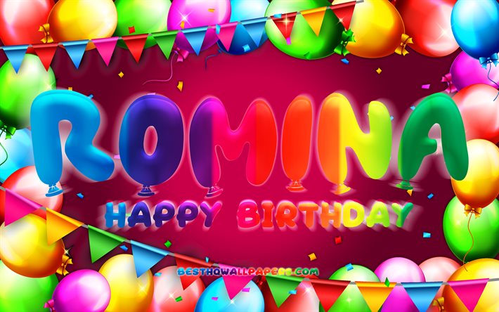 Joyeux anniversaire Romina, 4k, cadre de ballon color&#233;, nom Romina, fond violet, Romina joyeux anniversaire, Romina anniversaire, noms f&#233;minins am&#233;ricains populaires, concept d&#39;anniversaire, Romina