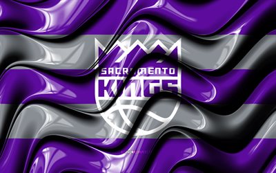 Sacramento Kings -lippu, 4k, violetit ja harmaat 3D-aallot, NBA, amerikkalainen koripallojoukkue, Sacramento Kings -logo, koripallo, Sacramento Kings