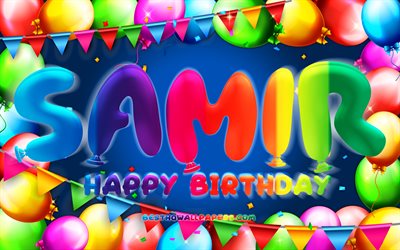 お誕生日おめでとうサミール, 4k, カラフルなバルーンフレーム, サミール名, 青い背景, サミールお誕生日おめでとう, サミールの誕生日, 人気のあるアメリカ人男性の名前, 誕生日のコンセプト, サミール