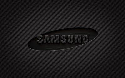 Samsung carbon logo, 4k, grunge art, carbon background, creative, Samsung black logo, Samsung logo, Samsung