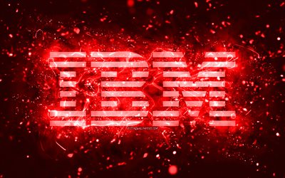 IBM: n punainen logo, 4k, punaiset neonvalot, luova, punainen abstrakti tausta, IBM-logo, tuotemerkit, IBM