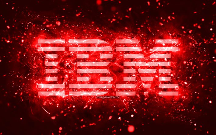 IBM red logo, 4k, red neon lights, creative, red abstract background, IBM logo, brands, IBM