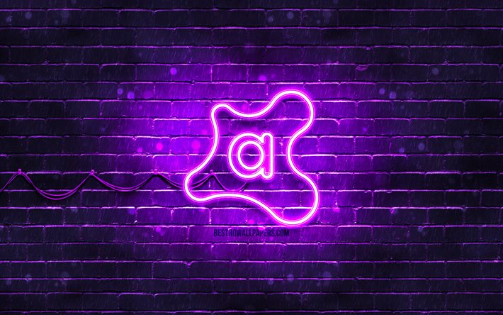 Avast violetti logo, 4k, violetti tiilisein&#228;, Avast logo, virustorjuntaohjelma, Avast neon logo, Avast