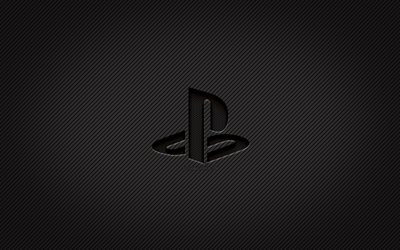 PlayStation karbon logosu, 4k, grunge sanat, karbon arka plan, yaratıcı, PlayStation siyah logosu, markalar, PlayStation logosu, PlayStation