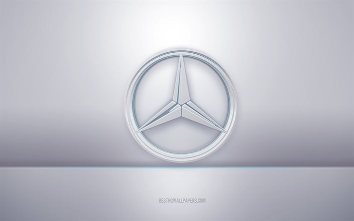 Logotipo da Mercedes-Benz 3D branco, fundo cinza, logotipo da Mercedes-Benz, arte criativa em 3D, Mercedes-Benz, emblema em 3D