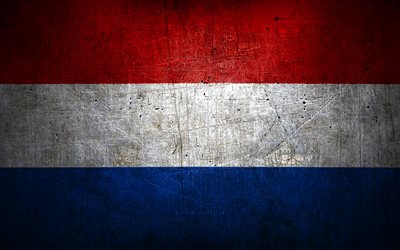 Dutch metal flag, grunge art, European countries, Day of Netherlands, national symbols, Netherlands flag, metal flags, Flag of Netherlands, Europe, Dutch flag, Netherlands