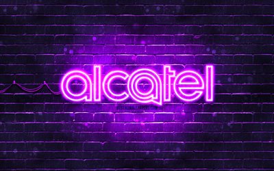 Alcatel menekşe logosu, 4k, menekşe brickwall, Alcatel logosu, markalar, Alcatel neon logosu, Alcatel