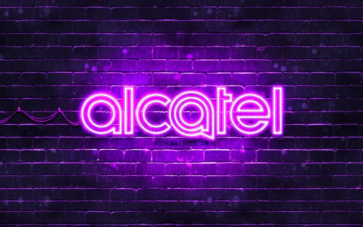 Alcatel menekşe logosu, 4k, menekşe brickwall, Alcatel logosu, markalar, Alcatel neon logosu, Alcatel