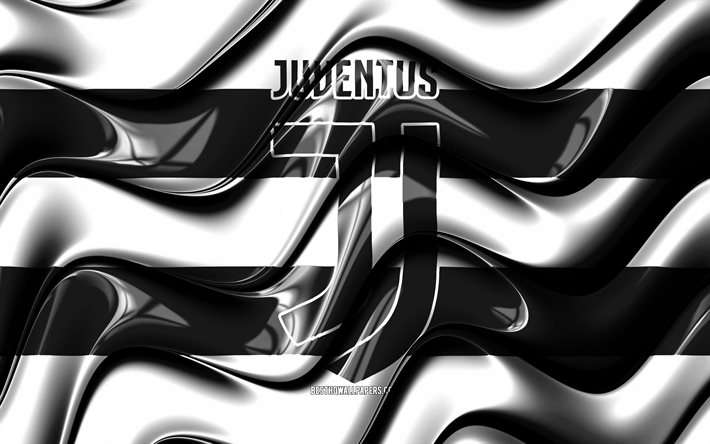 Juventus flag, 4k, white and black 3D waves, Serie A, italian football club, Juve, football, Juventus logo, soccer, Juventus FC