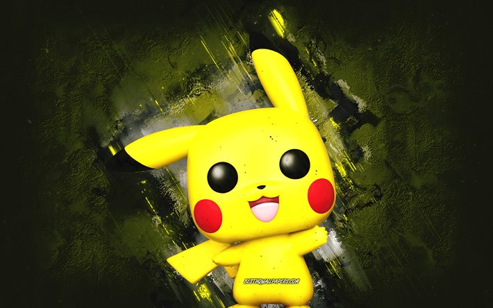 Pikachu, Pokemon, personnage principal, art Pikachu, art grunge, fond pierre jaune, personnages Pokemon, personnage Pikachu