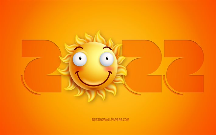 2022 a&#241;o nuevo, 4k, feliz a&#241;o nuevo 2022, sonrisa de sol 3d, 2022 conceptos, 2022 fondo 3d amarillo, emociones sonrientes de sol, fondo de sol 2022