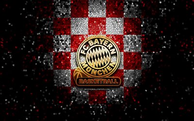 FC Bayern Munich Basketball, glitter logo, BBL, red white checkered background, basketball, german basketball club, FC Bayern Munich Basketball logo, mosaic art, Basketball Bundesliga
