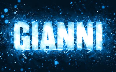 Happy Birthday Gianni, 4k, blue neon lights, Gianni name, creative, Gianni Happy Birthday, Gianni Birthday, popular american male names, picture with Gianni name, Gianni