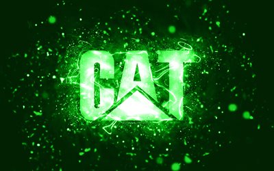 caterpillar gr&#252;nes logo, 4k, cat, gr&#252;ne neonlichter, kreativer, gr&#252;ner abstrakter hintergrund, caterpillar-logo, cat-logo, marken, caterpillar