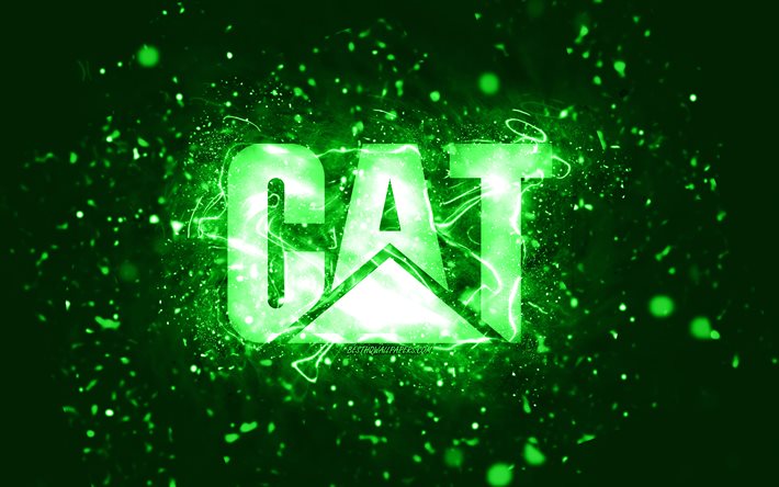 Caterpillar green logo, 4k, CaT, green neon lights, creative, green abstract background, Caterpillar logo, CaT logo, brands, Caterpillar