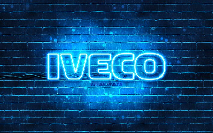 Logo bleu Iveco, 4k, mur de briques bleu, logo Iveco, marques de voitures, logo n&#233;on Iveco, Iveco