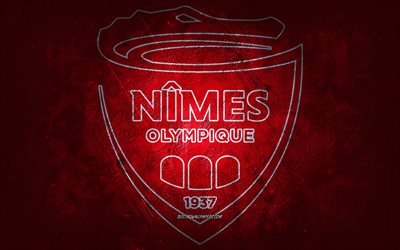 Nimes Olympique, French football team, red background, Nimes Olympique logo, grunge art, Ligue 2, France, football, Nimes Olympique emblem