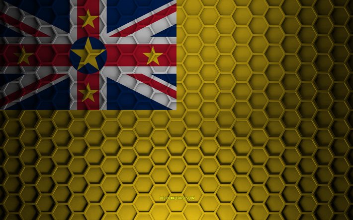 Bandeira niue, textura 3d hexagons, Niue, textura 3d, bandeira Niue 3d, textura met&#225;lica, bandeira de Niue