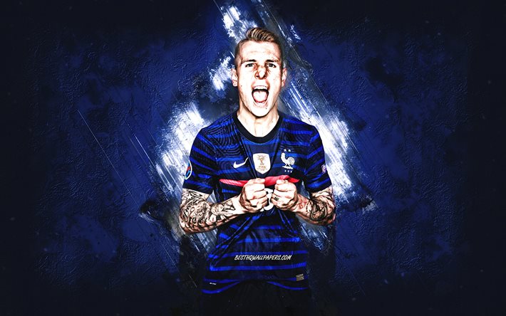 Lucas Digne, France national football team, French footballer, portrait, France, football, blue stone background, grunge art