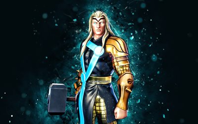 Gold Foil Thor, 4k, blue neon lights, Fortnite Battle Royale, Fortnite characters, Gold Foil Thor Skin, Fortnite, Gold Foil Thor Fortnite