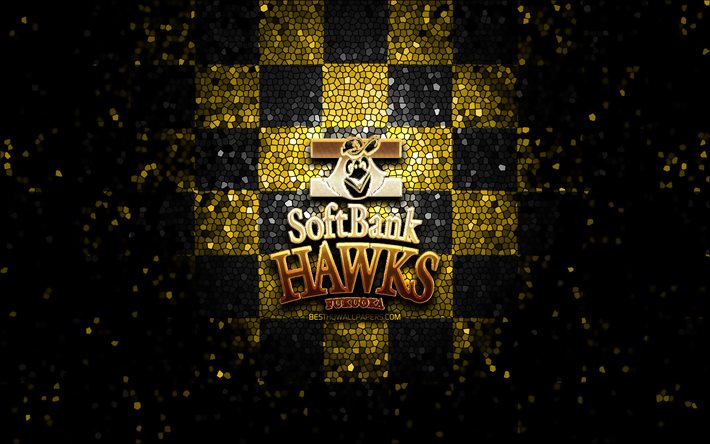 Fukuoka SoftBank Hawks, glitter logo, NPB, yellow black checkered background, baseball, japanese baseball team, Fukuoka SoftBank Hawks logo, mosaic art, Nippon Professional Baseball