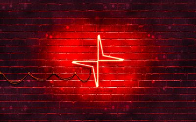 Logo polestar rosso, 4k, muro di mattoni rosso, logo Polestar, marchi di auto, logo al neon Polestar, Polestar