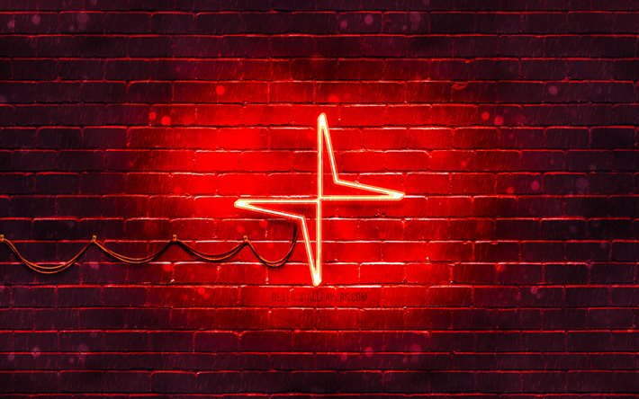 Logotipo vermelho polestar, 4k, parede de tijolos vermelhos, logotipo polestar, marcas de carros, logotipo polestar neon, Polestar